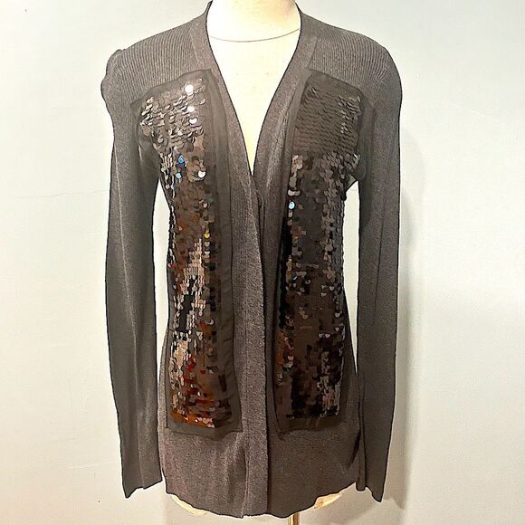 Simply Vera Vera Wang Grey Knit Black Sequin FrontV Neck Cardigan Size Medium - Picture 1 of 7
